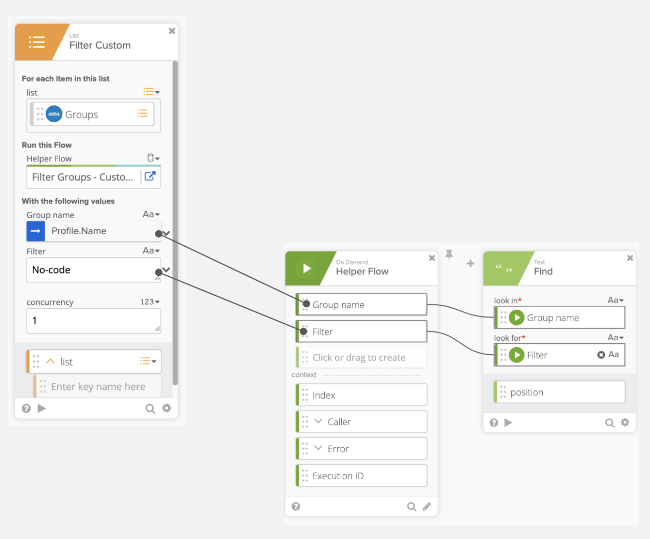 Okta Workflows interface showing a main Filter Custom card connected to a helper flow.