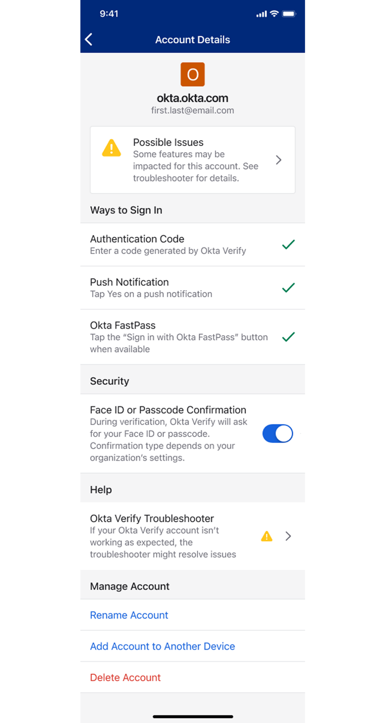 A mobile screenshot displaying the account details screen of the Okta Verify app. 