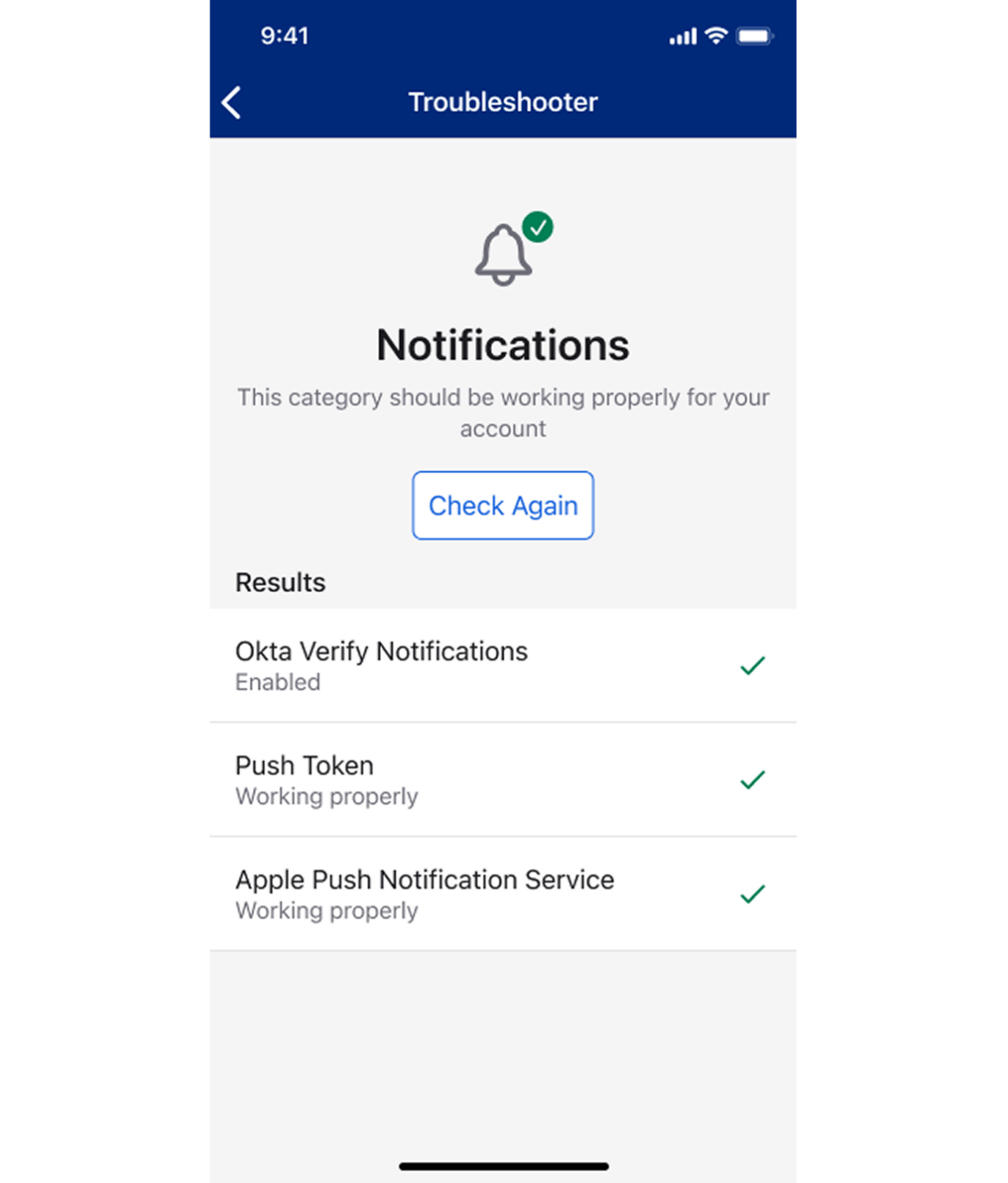 A mobile troubleshooting interface displays notification settings for an account. 