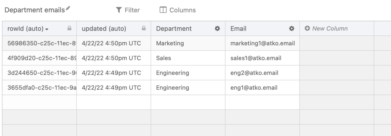 Okta Workflows table view showing department names mapped to email addresses.