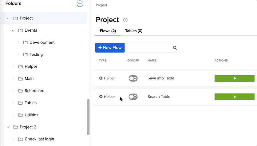 GIF showing a workflow management dashboard where a user clicks a button to create a new flow directly inside a selected project subfolder.
