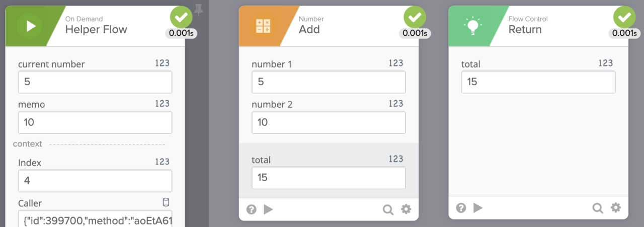Workflow interface with three connected panels.