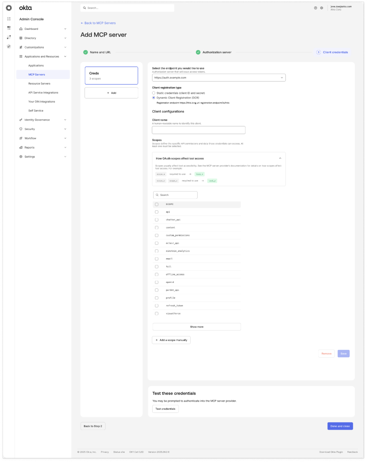 Okta Admin Console showing the Add MCP server configuration page
