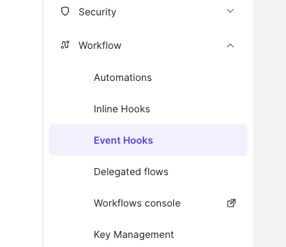 A software interface screenshot shows a navigation sidebar focused on workflow settings.