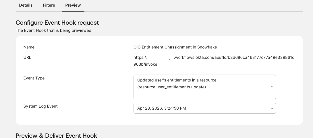 Screenshot of an Okta interface showing the Preview tab for configuring an Event Hook request.