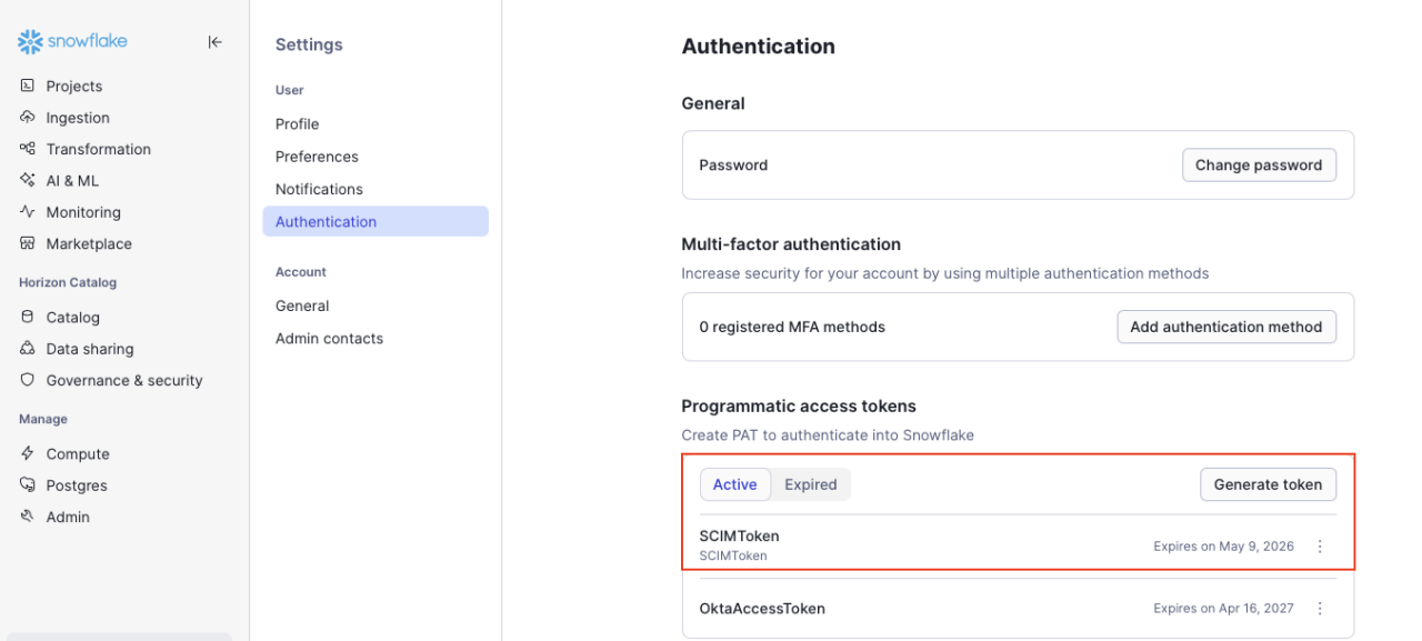 Screenshot of the Snowflake web interface showing the Authentication settings page.