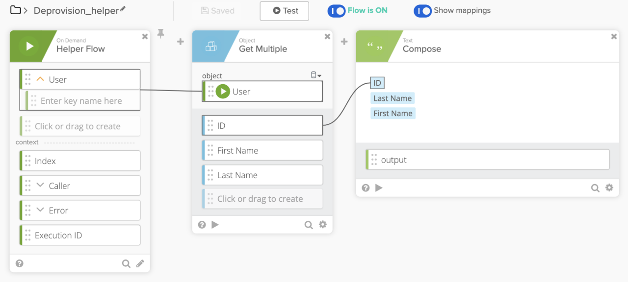 Workflow automation builder interface displaying a helper flow named 'Deprovision_helper'. 