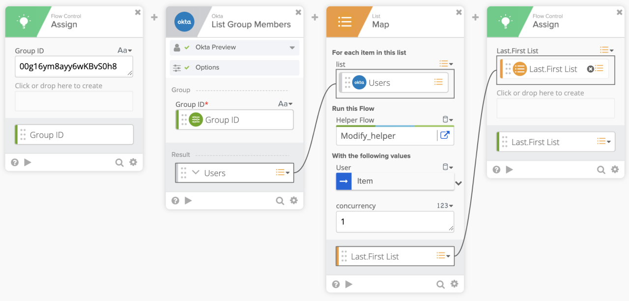 Workflow automation interface composed of several connected modules. 