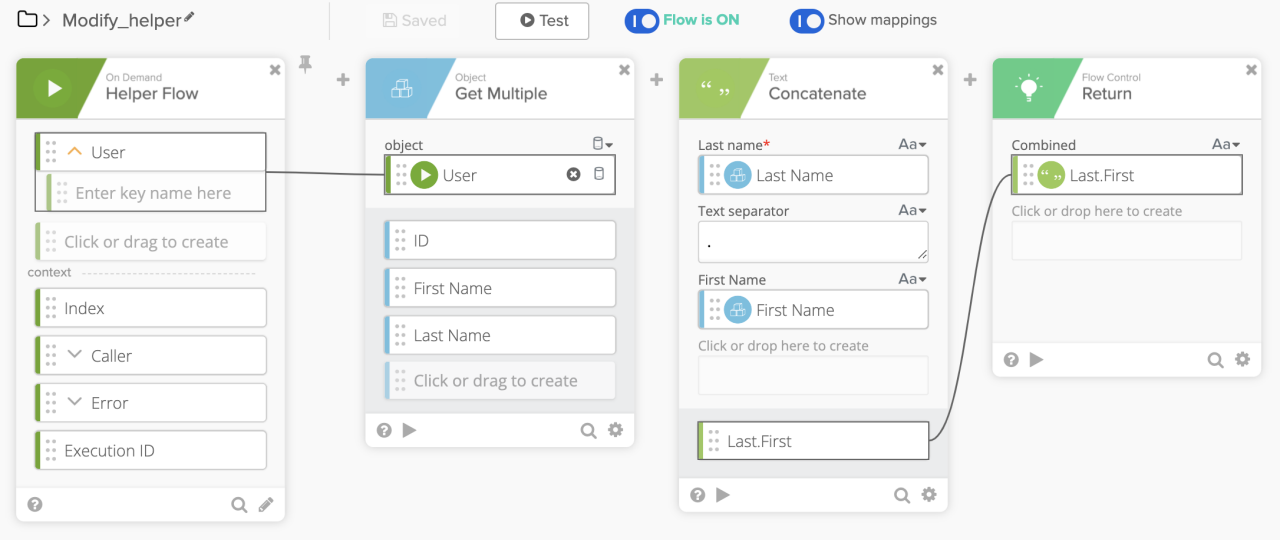 Workflow editor interface displaying a sequence of connected steps. 