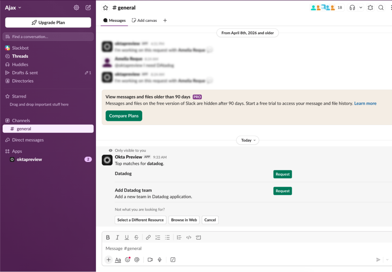 Slack desktop workspace interface showing the Okta Preview app returning search results for Datadog access requests in the general channel.