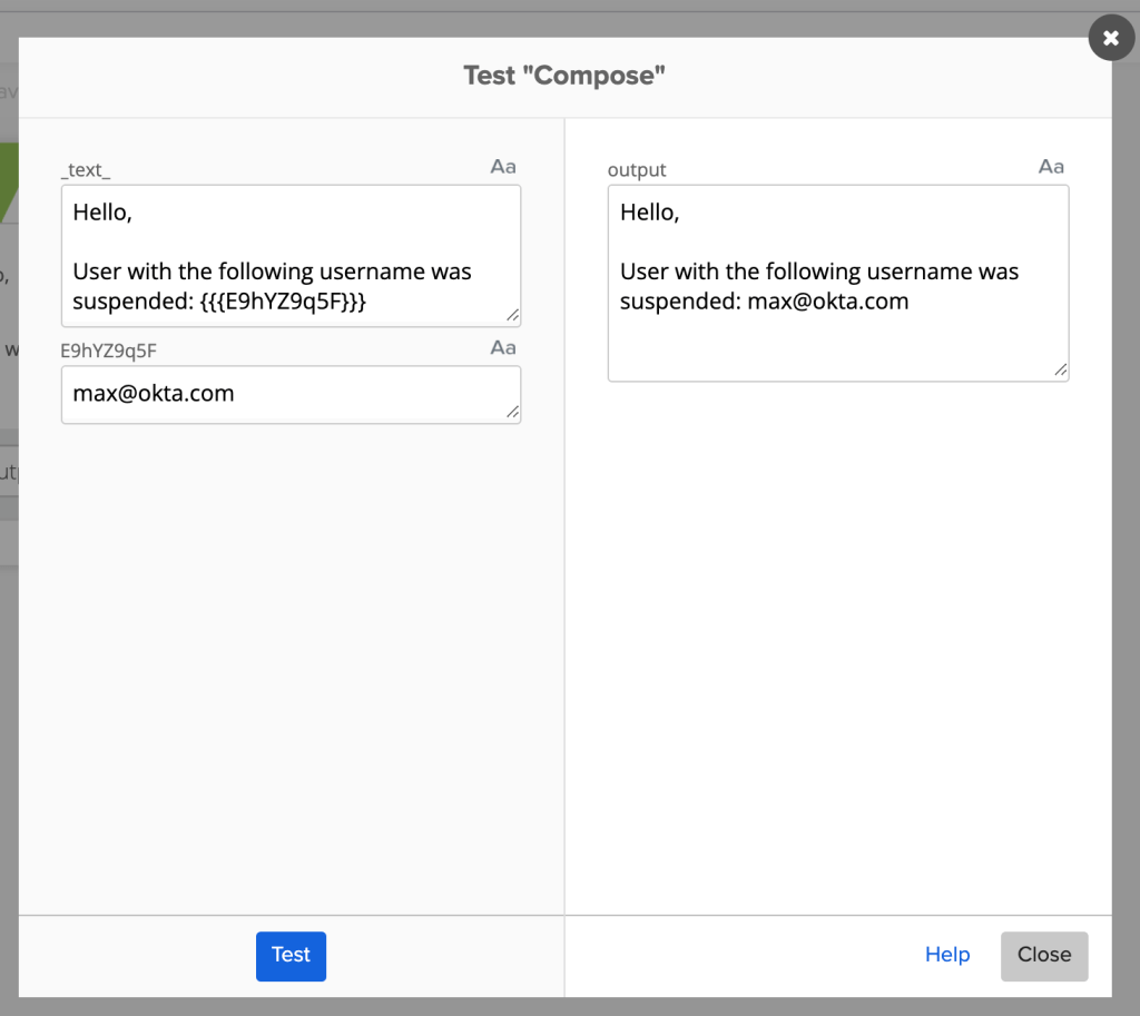 Test "Compose" pop-up dialog in Okta Workflows showing a template and generated text for a user suspension message.