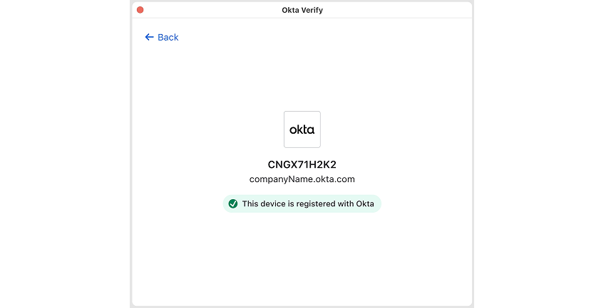 Okta Verify window confirming device registration.