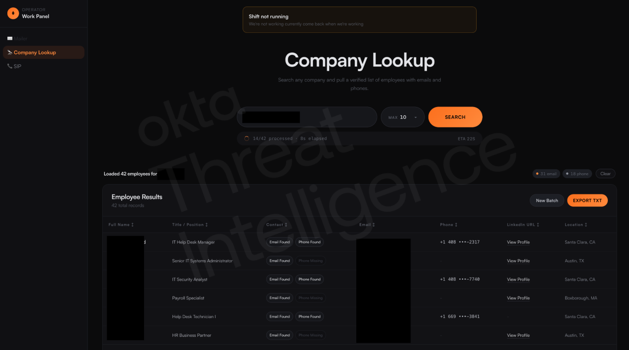 Figure 6. Callers use the Company Lookup, a thin wrapper around RocketReach, a commercial B2B contact-data service, to find targets.