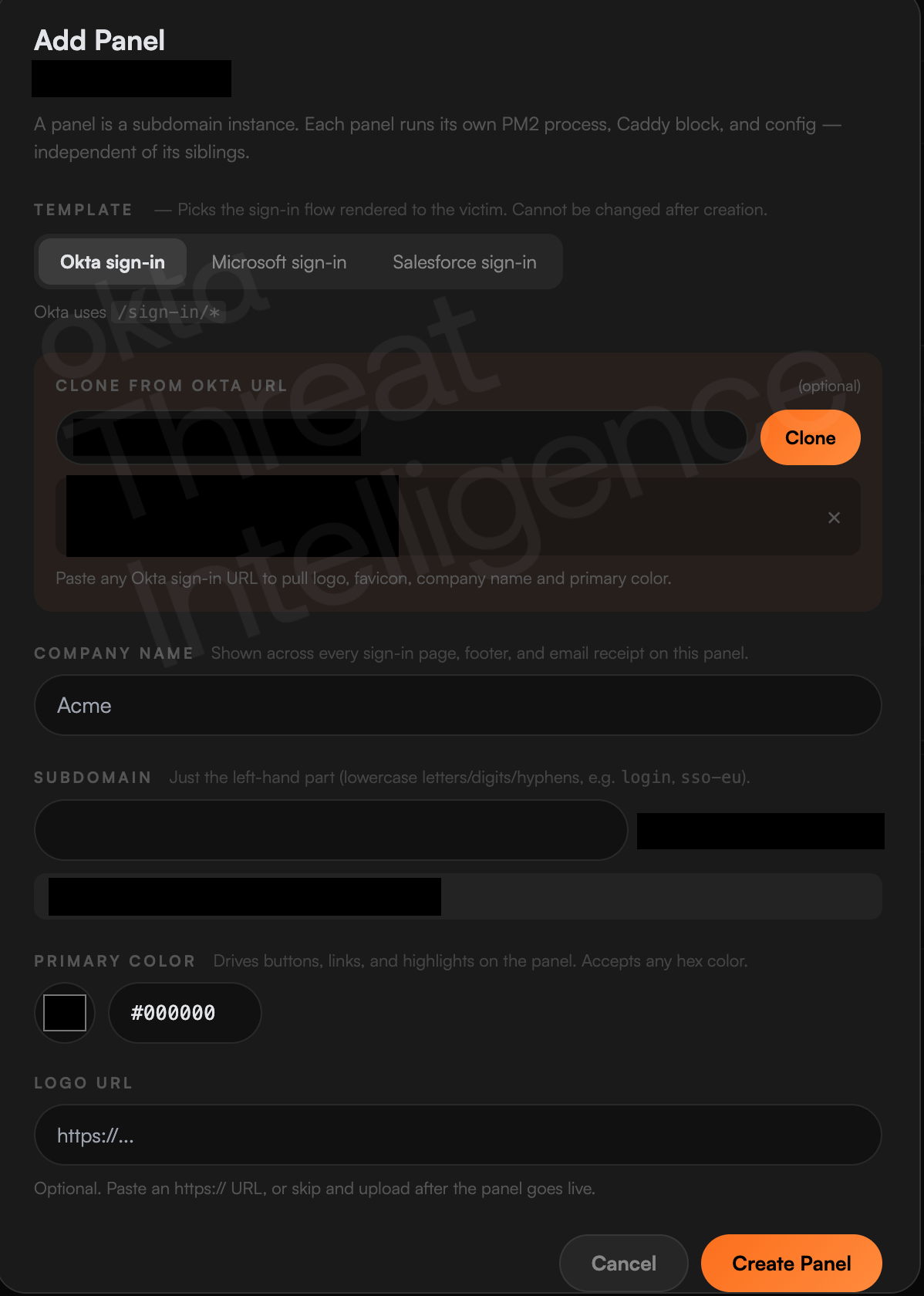 Figure 9. Adding a phishing panel