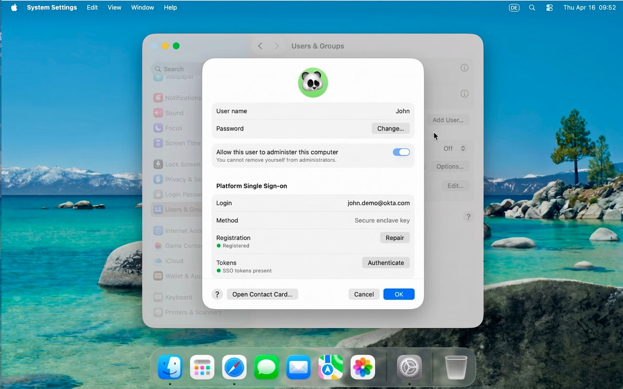Screenshot of a macOS desktop showing the User Account settings window configured for Platform SSO via Secure Enclave.