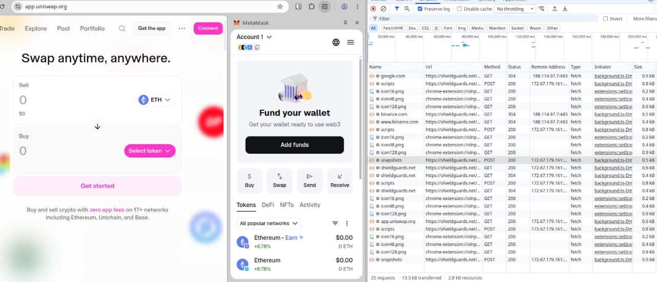 Figures 9 and 10: Analysis of the extension when navigating to popular cryptocurrency sites