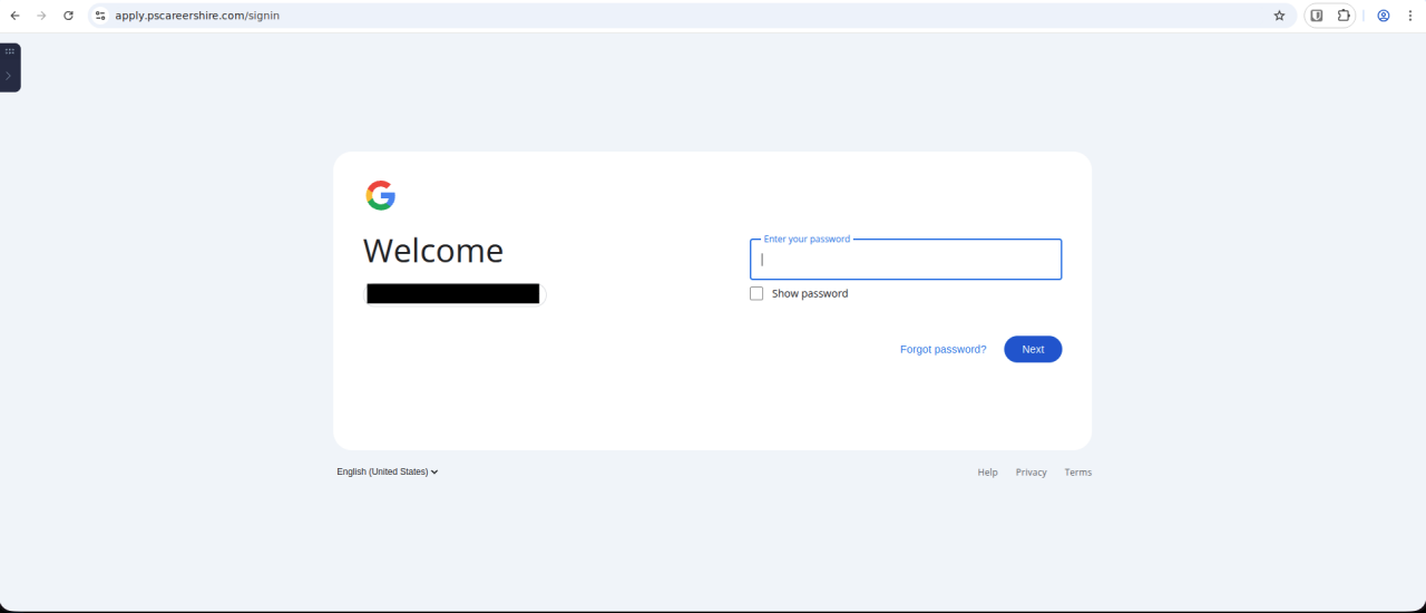 Invite de connexion Google factice de la troisième étape, demandant un mot de passe utilisateur