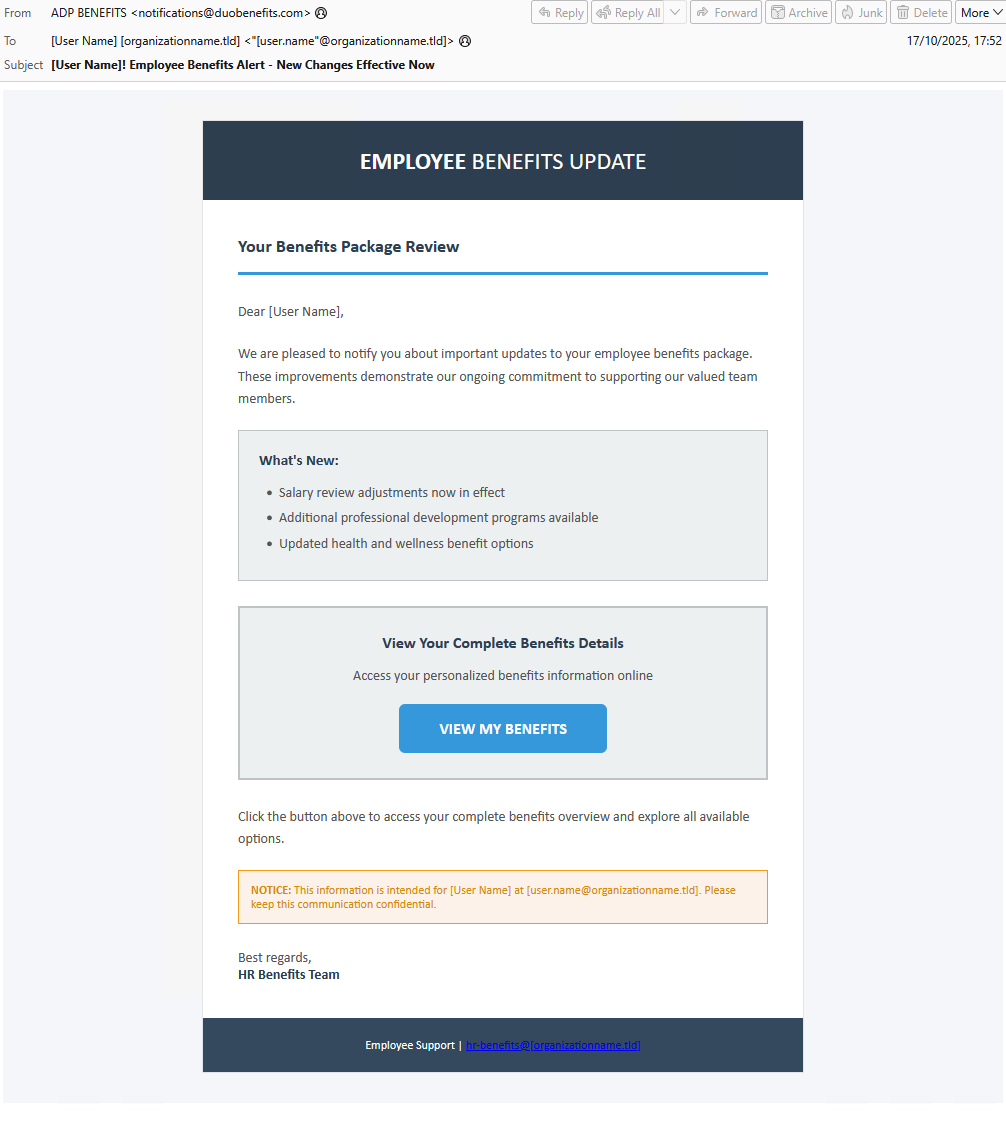 Figure 2. E-mail de phishing utilisant l'appât « Avantages sociaux »