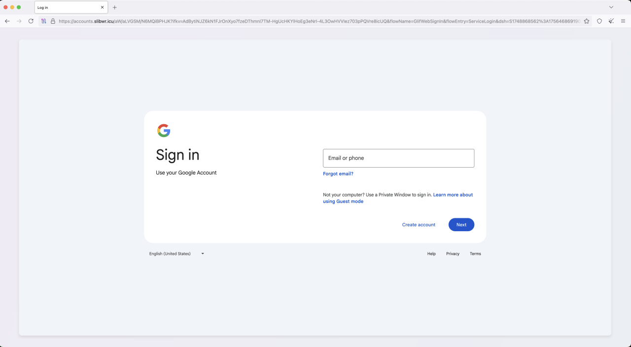 Une page de phishing VoidProxy ciblant les comptes Google