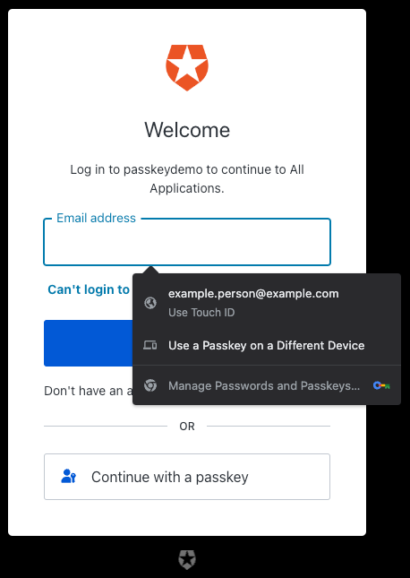 A digital login interface for passkeydemo is displayed, prompting users to enter their email address to access All Applications. 