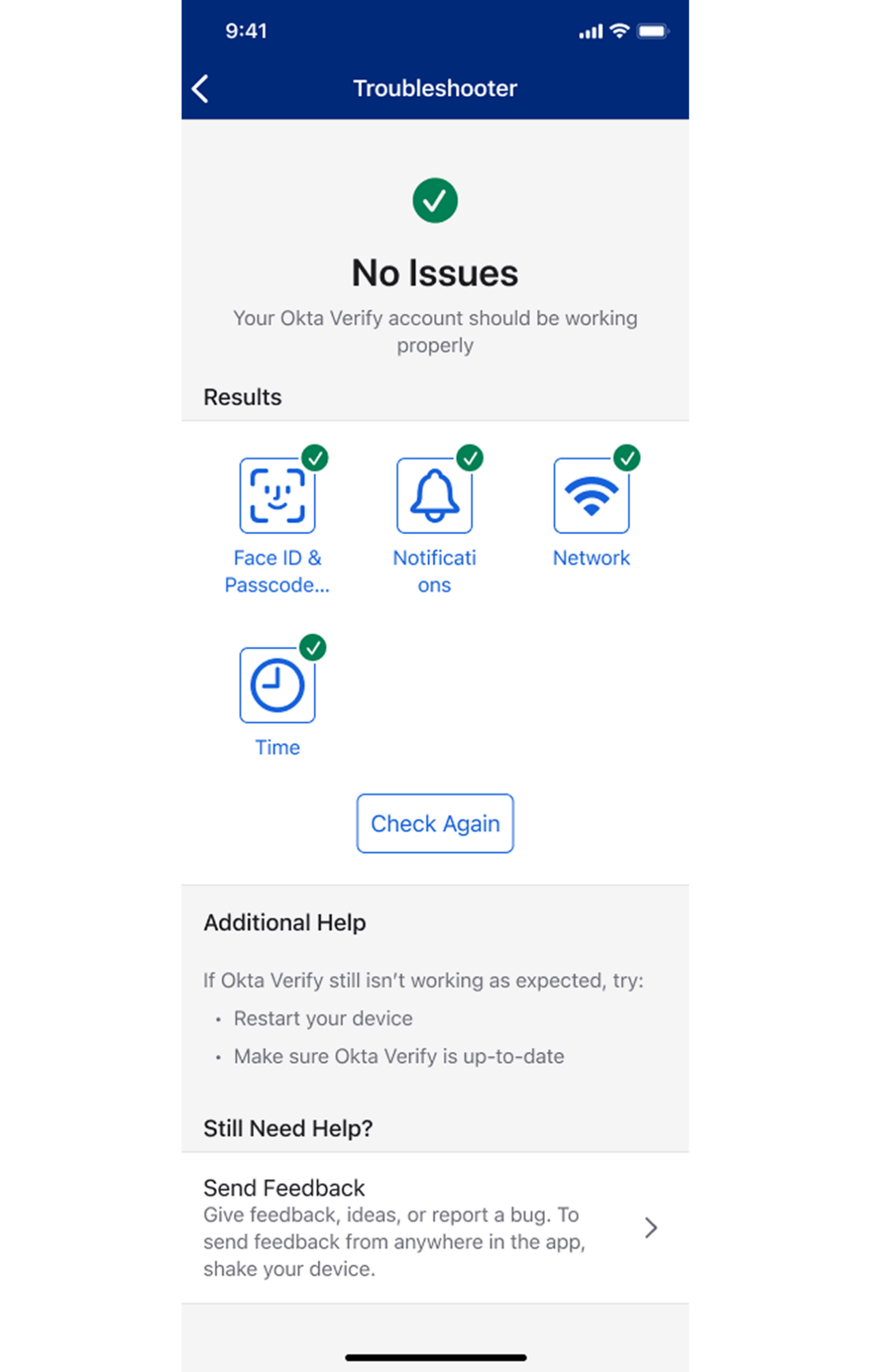A mobile screenshot displaying the Okta Verify troubleshooter interface. 