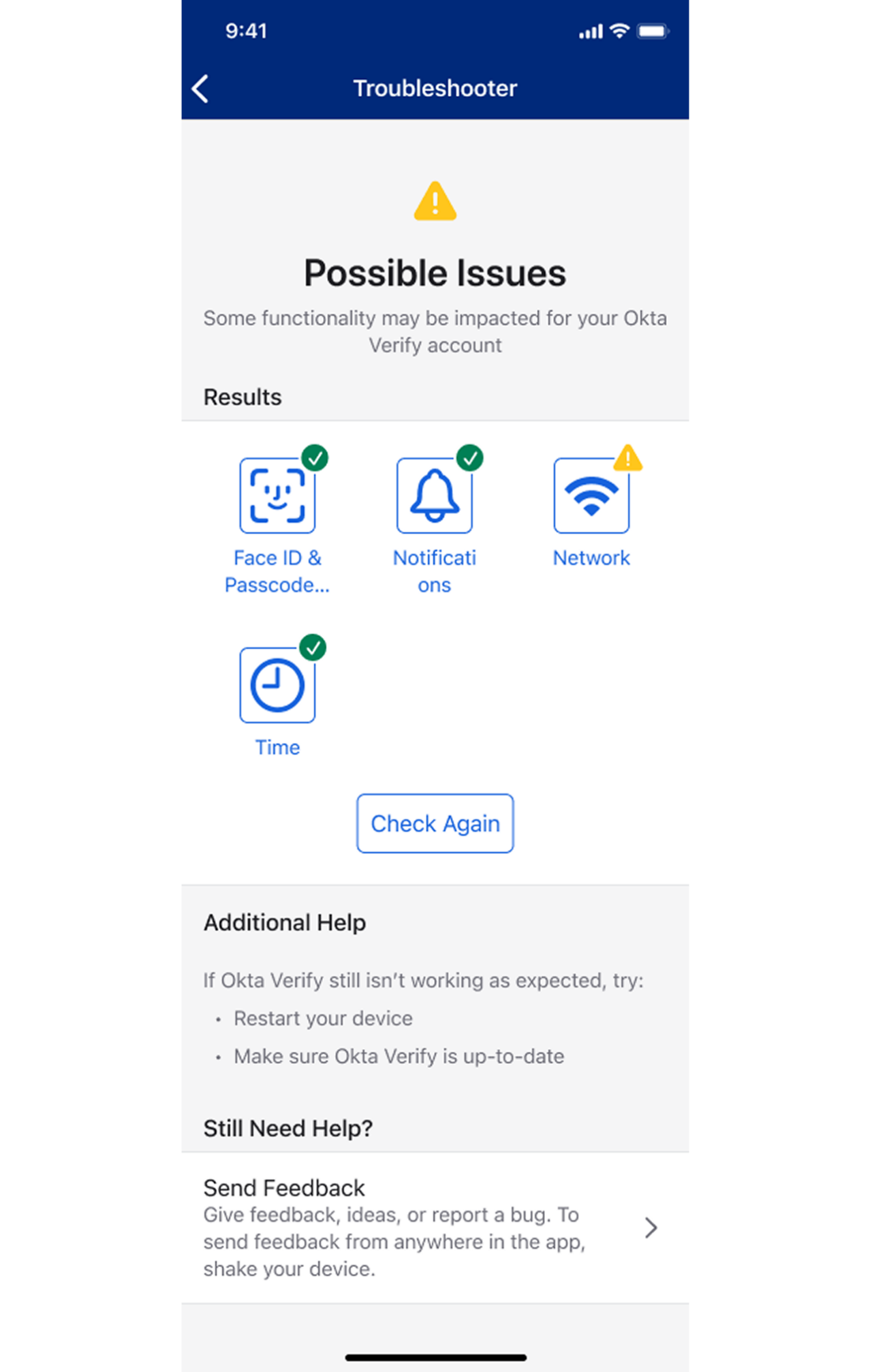 A mobile troubleshooting screen for the Okta Verify app displays possible issues affecting functionality. 