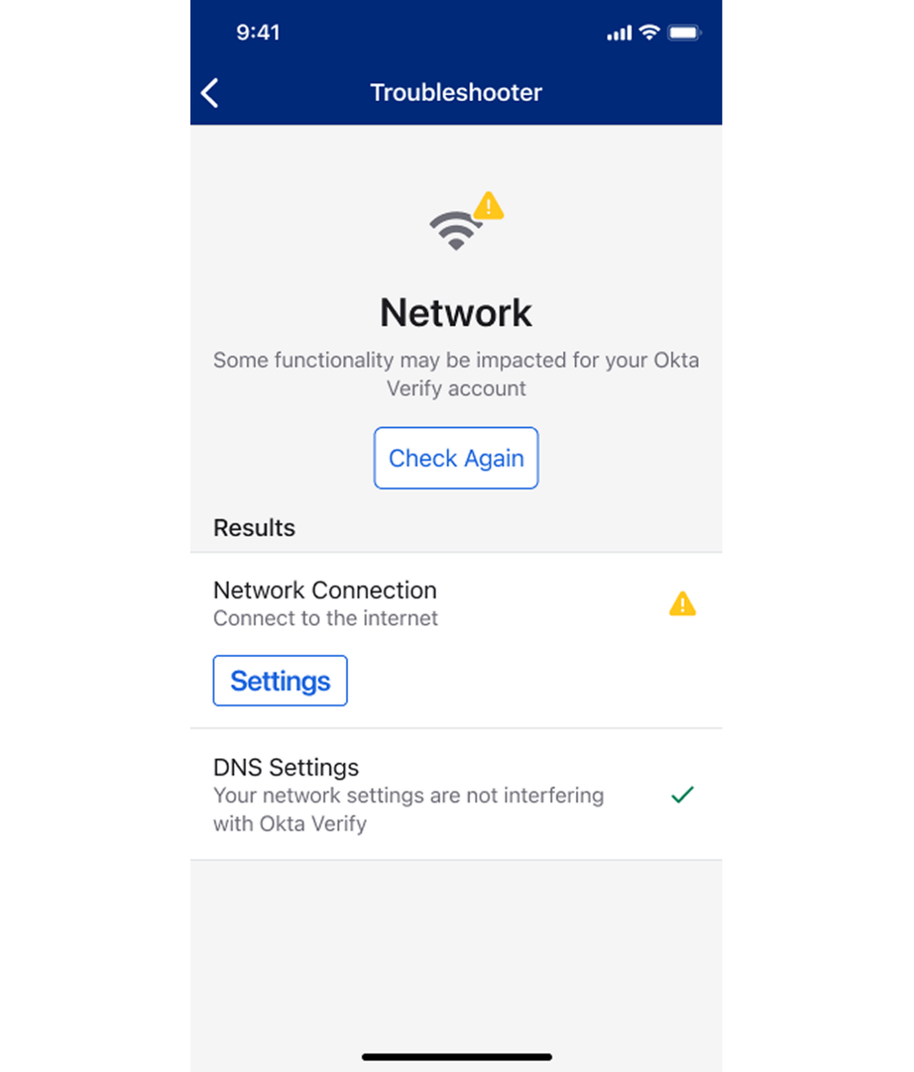 A mobile troubleshooting interface for Okta Verify displays network connection issues. 