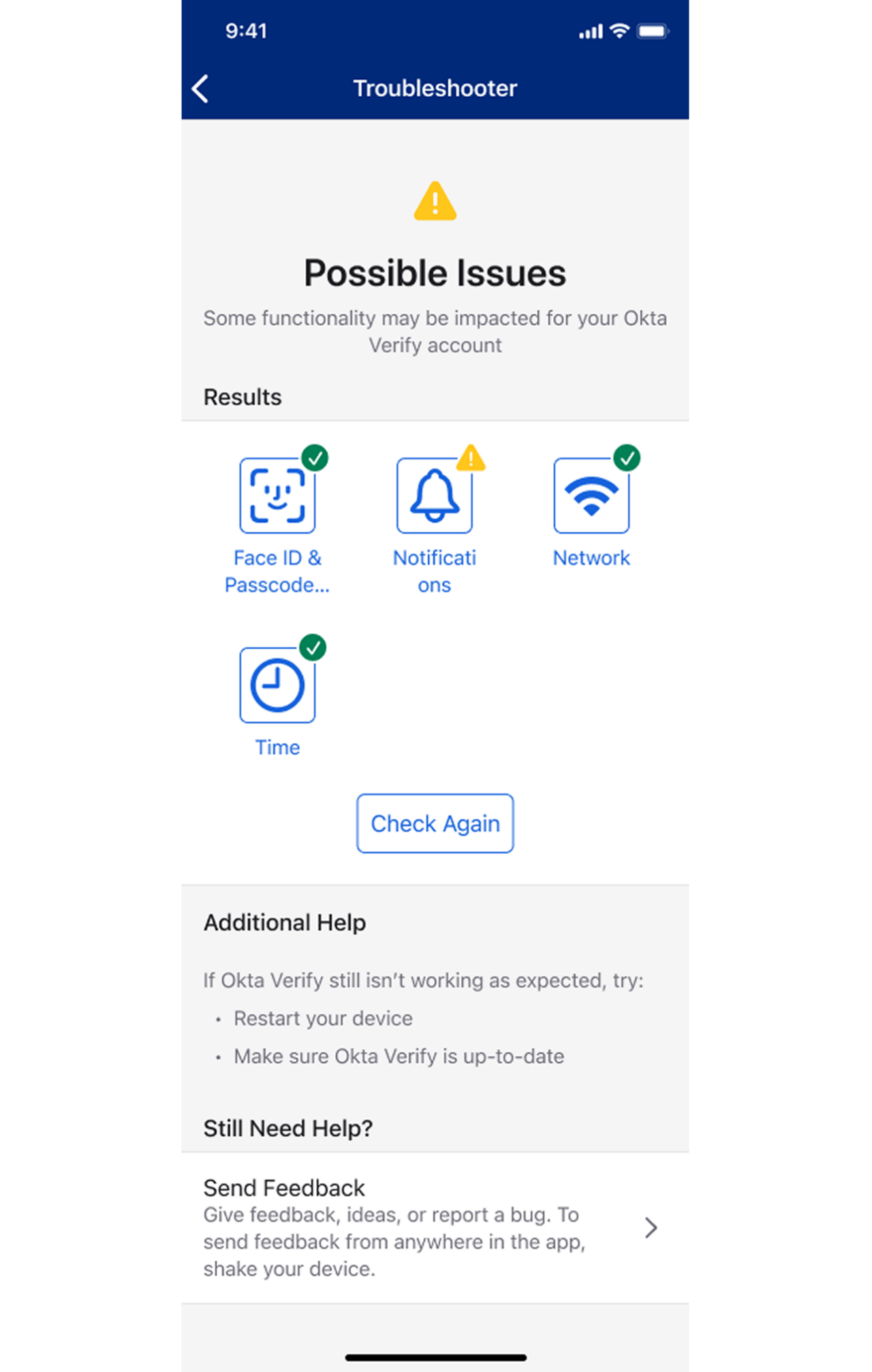 A mobile screenshot of the Okta Verify app displaying the troubleshooter screen. 