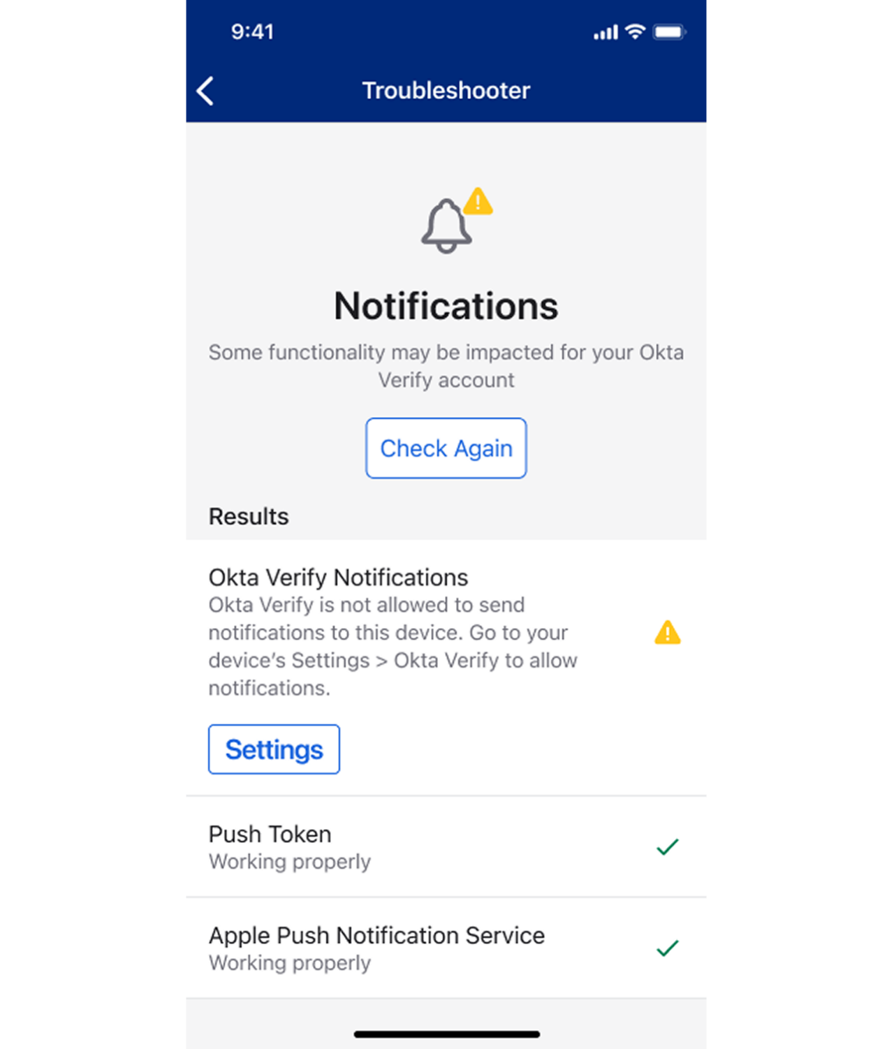 A mobile troubleshooting screen for Okta Verify notifications.