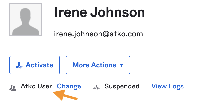 Okta user account status card for Irene Johnson showing suspended status with Activate and More Actions buttons, with an orange arrow pointing to Change User Type.