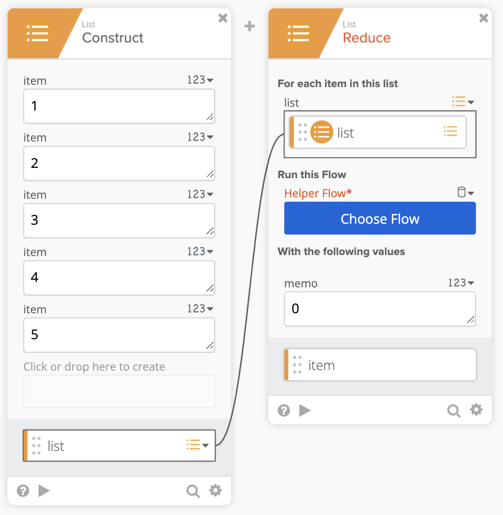 Workflow configuring a list reduce operation.