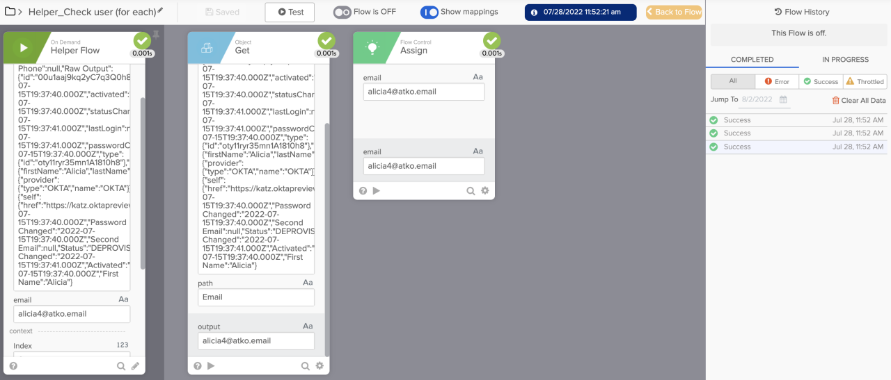 Okta Workflows execution history view showing the helper flow output extracting a user email address.