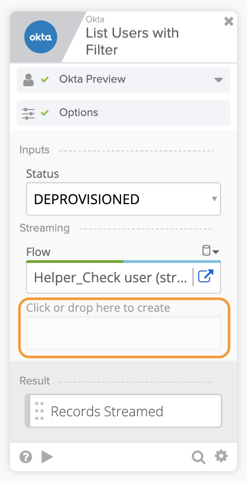 Okta Workflows "List Users with Filter" card configured to stream deprovisioned user records to a helper flow.