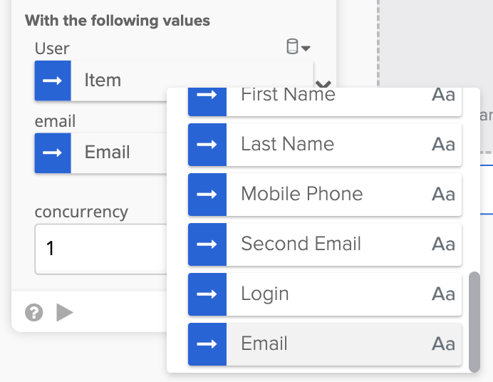 Okta Workflows interface showing user field mapping options for a helper flow.