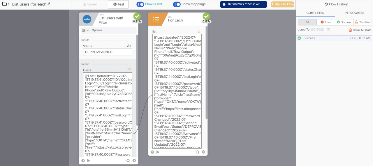 Okta Workflows execution history view showing the execution results of a "List users (for each)" flow.