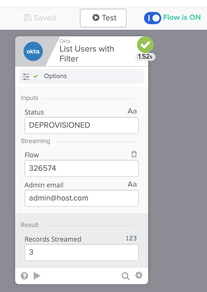 Okta Workflows execution history view showing successful record streaming for deprovisioned users.