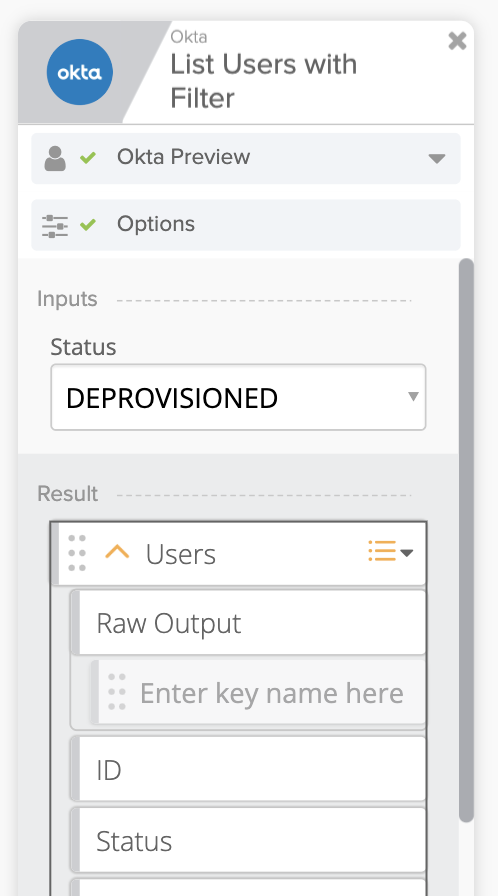 Okta Workflows "List Users with Filter" card set to filter DEPROVISIONED users with result output fields expanded.