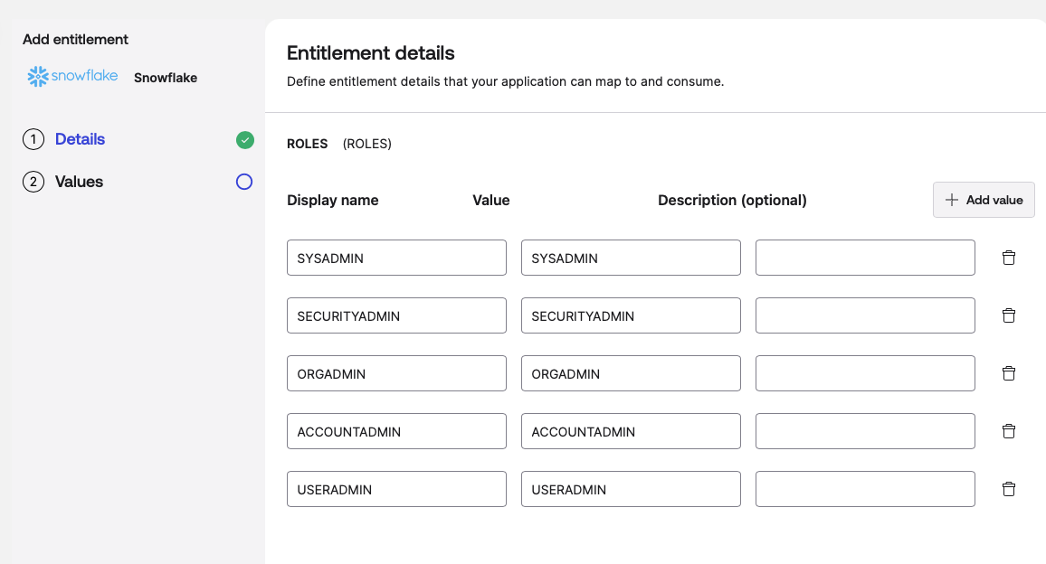 User interface screen showing the Entitlement details page for a Snowflake integration.