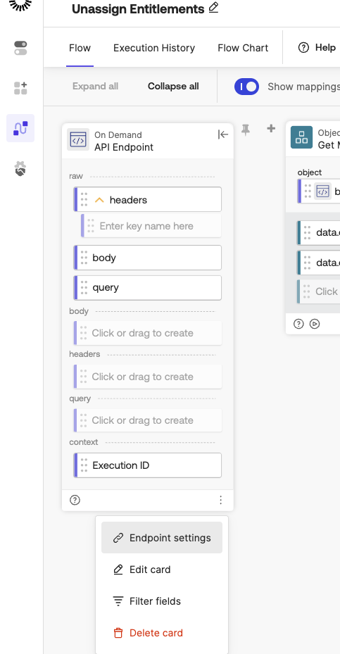 Screenshot of a workflow editor interface showing an API endpoint configuration panel. 