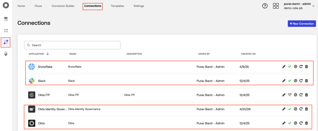 A software dashboard interface displays a list of application connections. 