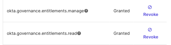 Screenshot of an Okta governance entitlements permissions list. 