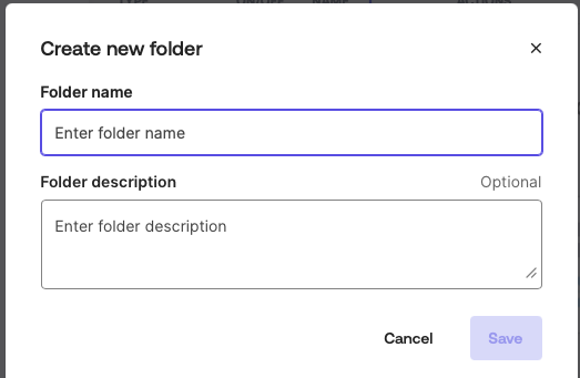 Screenshot of a software interface showing a 'Create new folder' dialog box. 