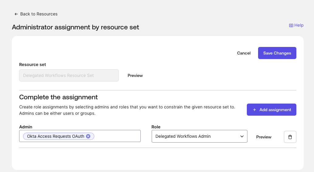 Screenshot of an administrator assignment by resource set screen in a web-based admin console. 