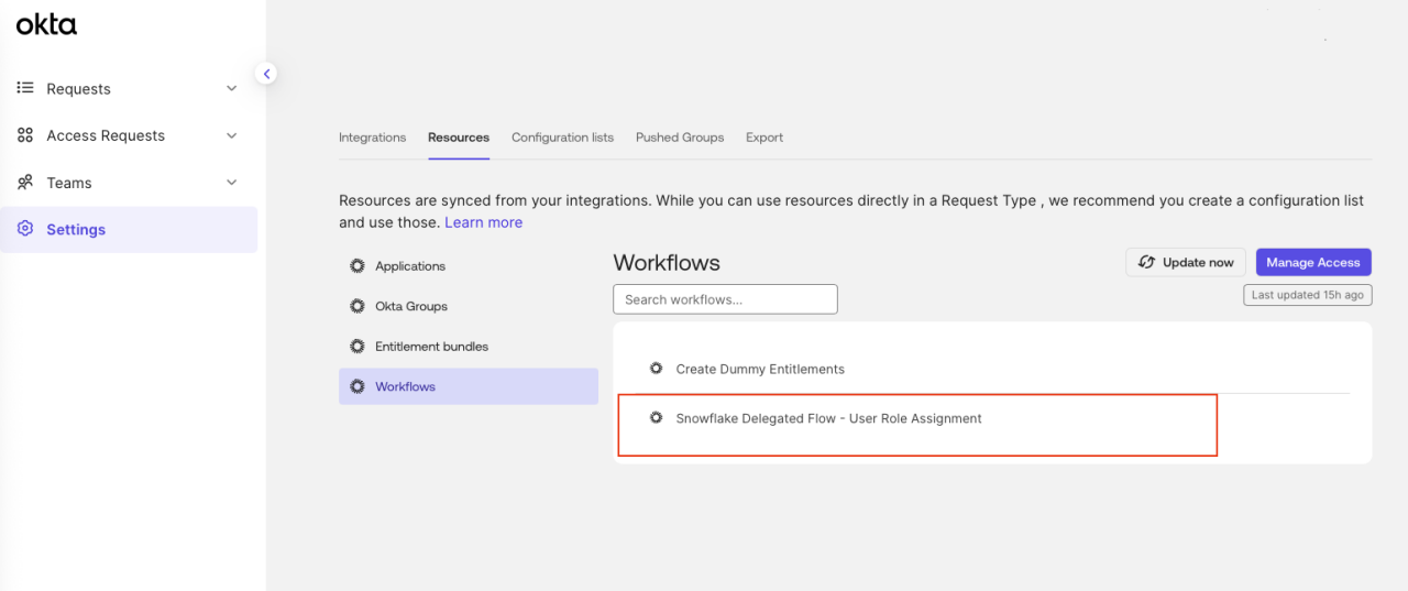 Screenshot of an Okta admin console showing the Resources tab under Settings. 