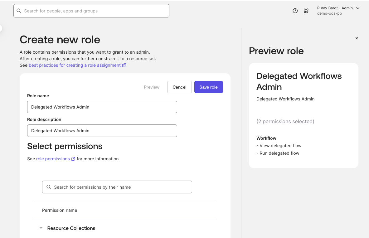 User interface screen shows an admin console for creating a new role. 