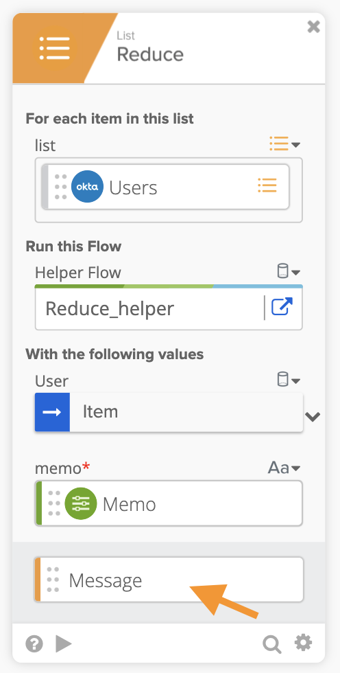 Workflow automation interface showing the configuration for a Reduce list operation. 