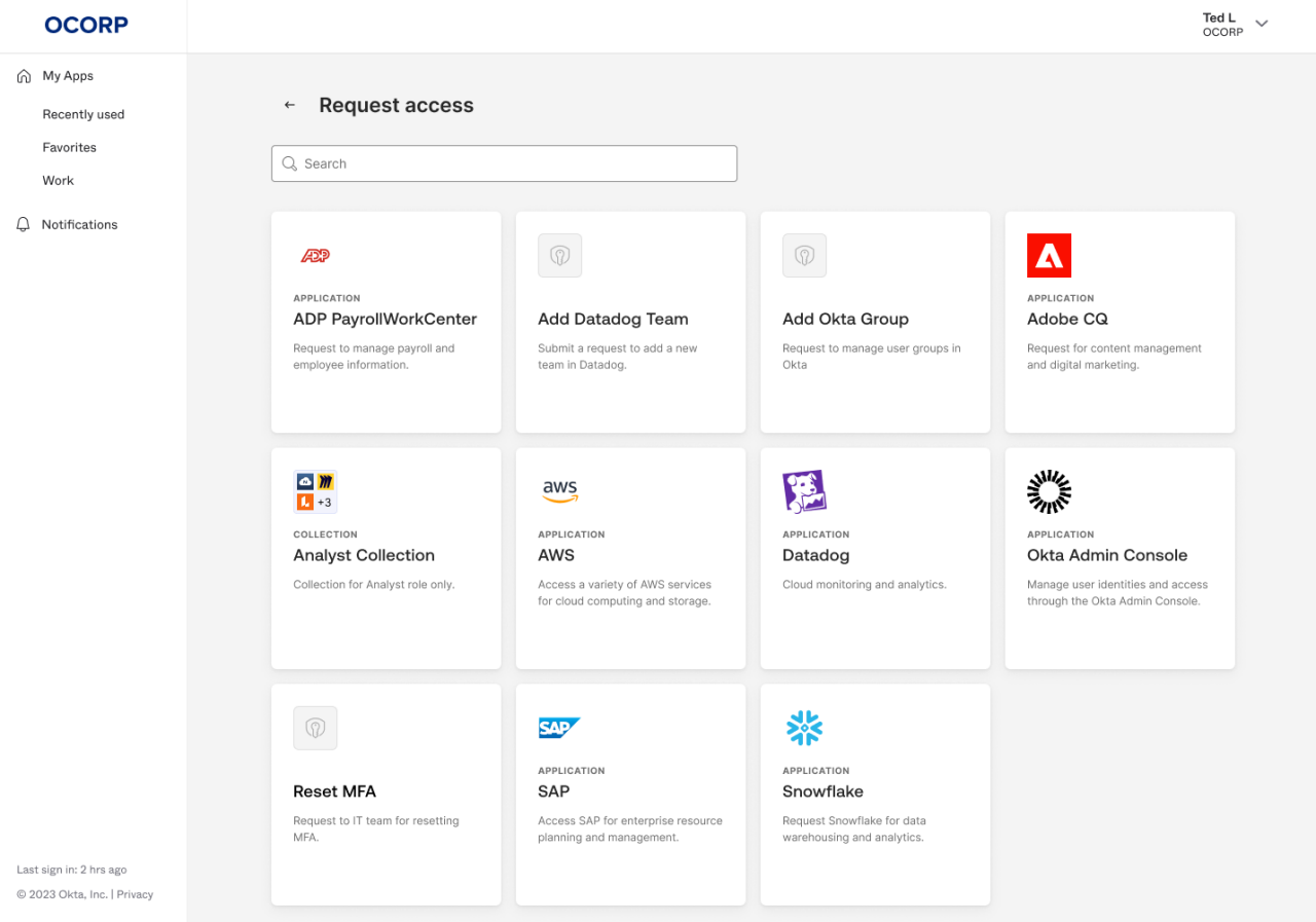 An enterprise access request dashboard displaying a grid of tiles for applications like ADP, AWS, Datadog, Okta, SAP, and Snowflake under a "Request access" header.