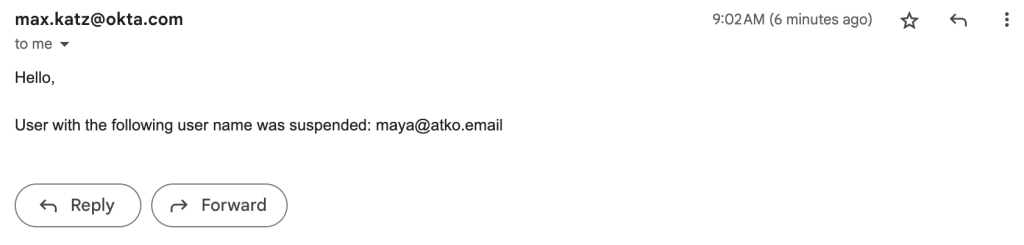 Email notification stating that user maya@atko.email was suspended.