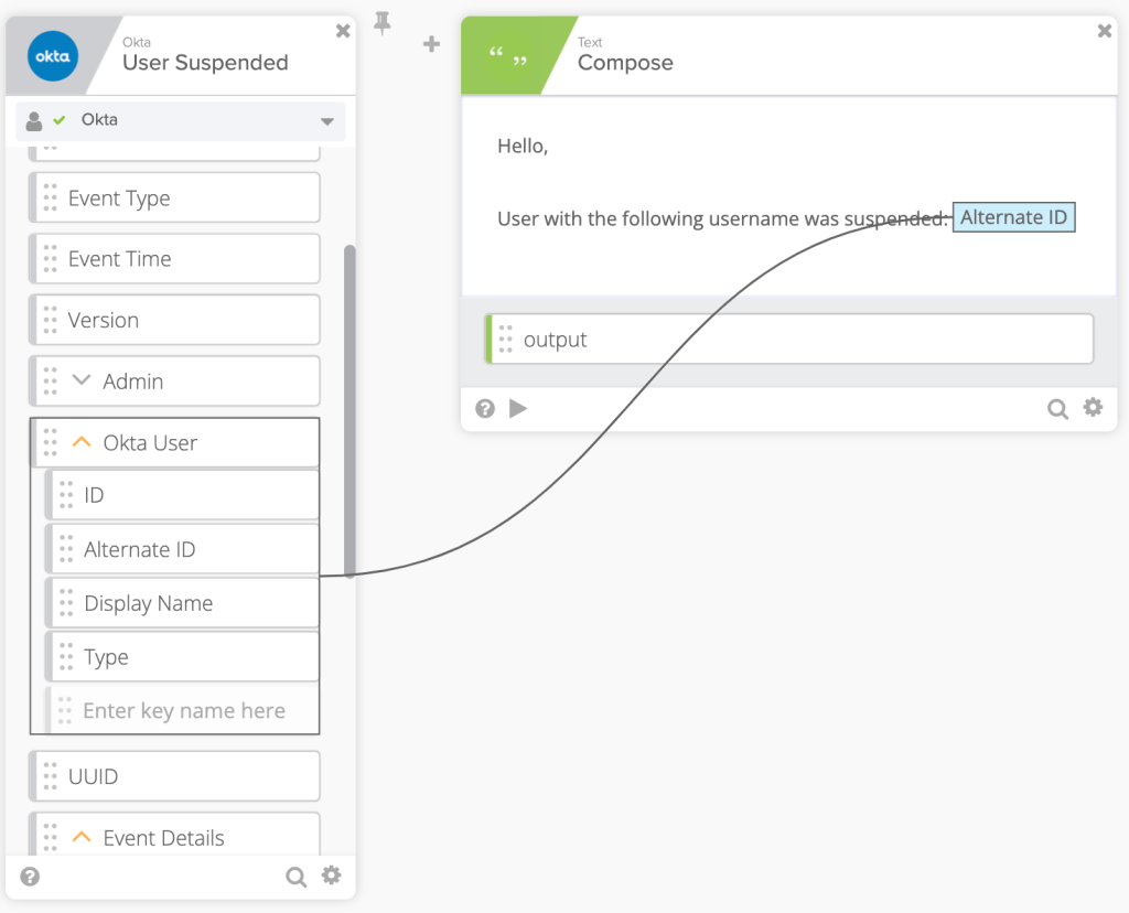 Okta Workflows diagram showing an Alternate ID field mapped from a User Suspended event into a text Compose card.