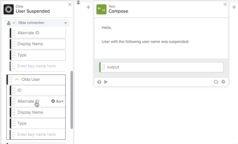 Animated GIF showing how to connect and map fields from the Okta User Suspended event card to a Text Compose card.